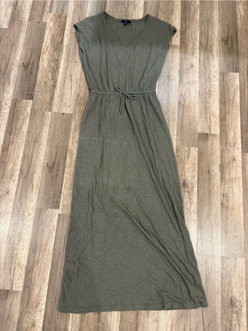 V-Neck Tie-Waist Maxi Dress in Olive Green